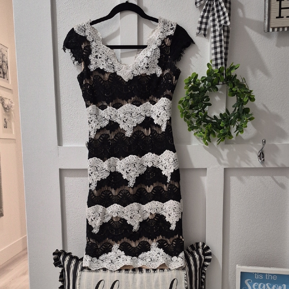 ANTONIO MELANI Black and White Lace Midi Dress